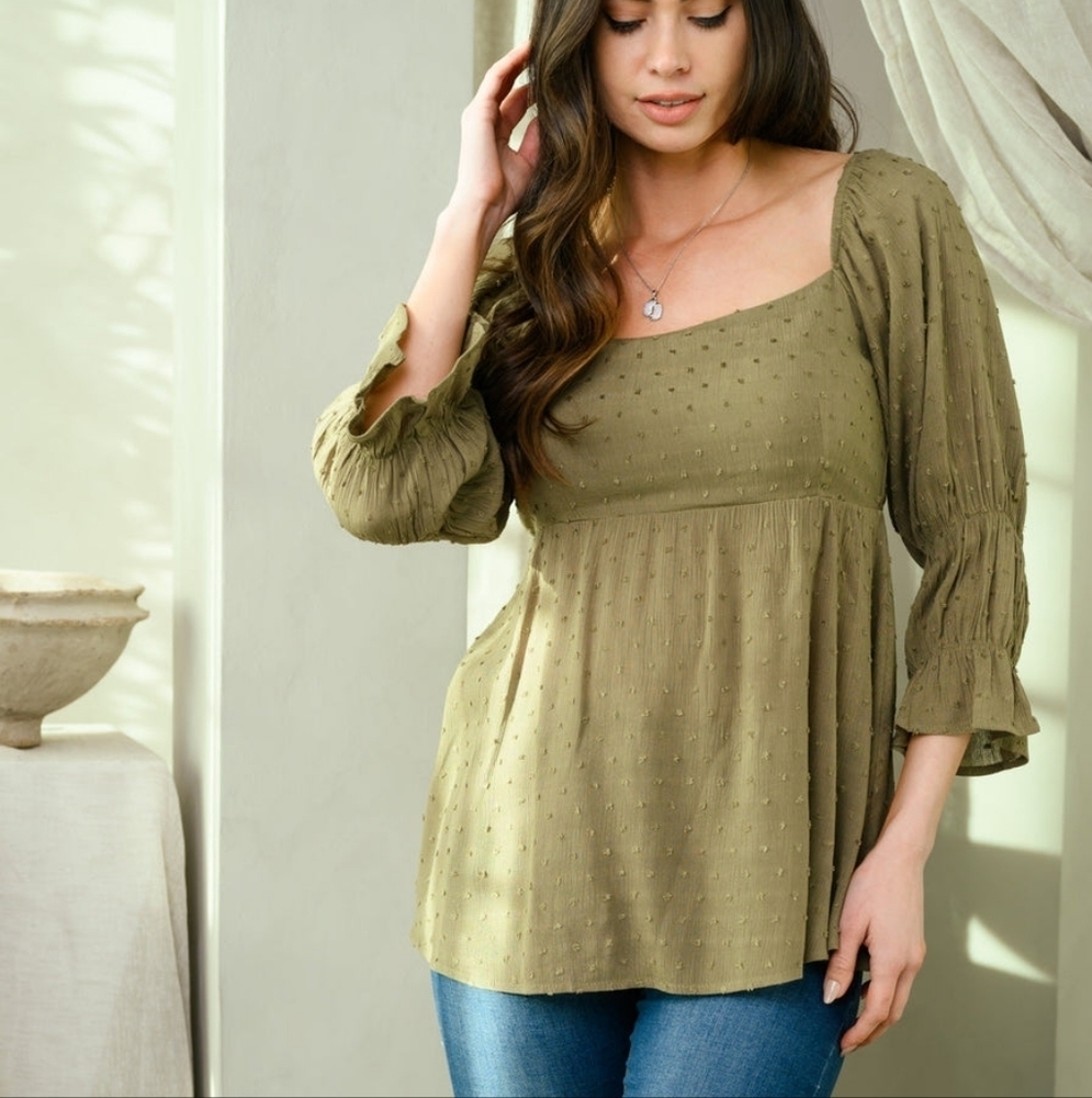 NWT Olive Green Swiss Dot Babydoll Top Open Back - Picture 2 of 4